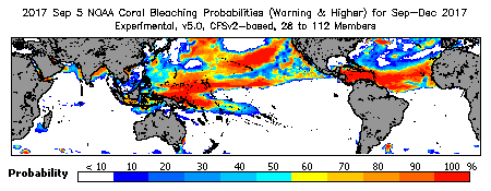 Current Bleaching Heat Stress Outlook Probability - Warning and higher