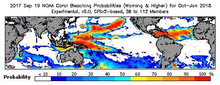 Current Bleaching Heat Stress Outlook Probability - Warning and higher