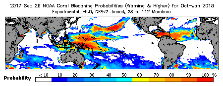 Current Bleaching Heat Stress Outlook Probability - Warning and higher