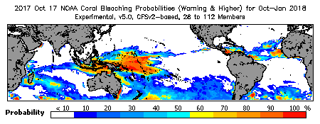 Current Bleaching Heat Stress Outlook Probability - Warning and higher