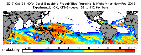 Current Bleaching Heat Stress Outlook Probability - Warning and higher