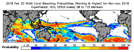 Current Bleaching Heat Stress Outlook Probability - Warning and higher