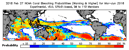 Current Bleaching Heat Stress Outlook Probability - Warning and higher