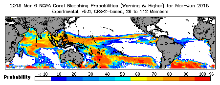 Current Bleaching Heat Stress Outlook Probability - Warning and higher