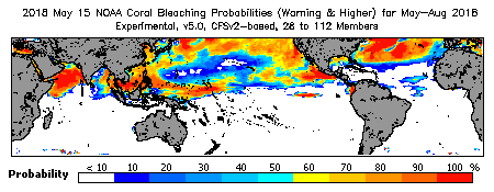 Current Bleaching Heat Stress Outlook Probability - Warning and higher