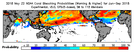 Current Bleaching Heat Stress Outlook Probability - Warning and higher