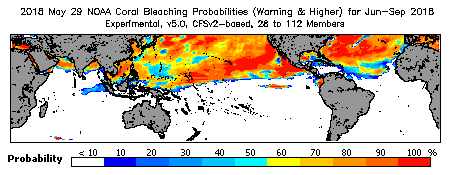 Current Bleaching Heat Stress Outlook Probability - Warning and higher