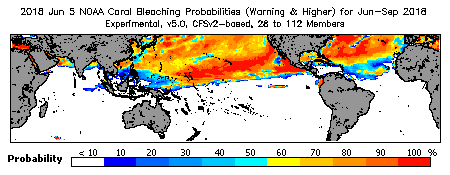 Current Bleaching Heat Stress Outlook Probability - Warning and higher