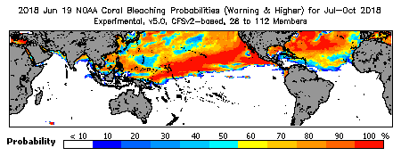 Current Bleaching Heat Stress Outlook Probability - Warning and higher