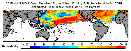 Current Bleaching Heat Stress Outlook Probability - Warning and higher