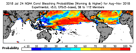 Current Bleaching Heat Stress Outlook Probability - Warning and higher