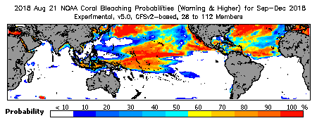 Current Bleaching Heat Stress Outlook Probability - Warning and higher