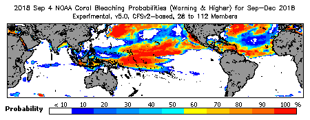 Current Bleaching Heat Stress Outlook Probability - Warning and higher