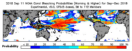 Current Bleaching Heat Stress Outlook Probability - Warning and higher