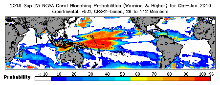 Current Bleaching Heat Stress Outlook Probability - Warning and higher