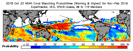 Current Bleaching Heat Stress Outlook Probability - Warning and higher