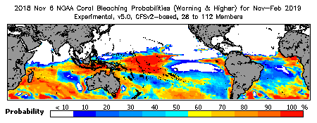 Current Bleaching Heat Stress Outlook Probability - Warning and higher