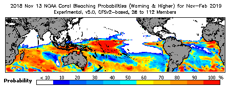 Current Bleaching Heat Stress Outlook Probability - Warning and higher