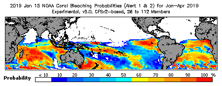 Current Bleaching Heat Stress Outlook Probability - Alert Levels 1 and 2