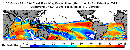 Current Bleaching Heat Stress Outlook Probability - Alert Levels 1 and 2