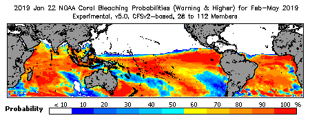 Current Bleaching Heat Stress Outlook Probability - Warning and higher