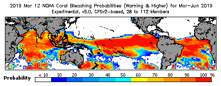 Current Bleaching Heat Stress Outlook Probability - Warning and higher