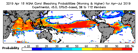 Current Bleaching Heat Stress Outlook Probability - Warning and higher