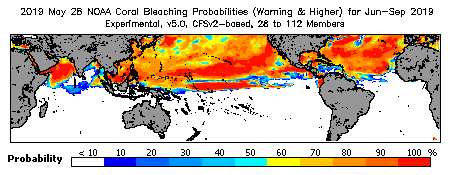 Current Bleaching Heat Stress Outlook Probability - Warning and higher