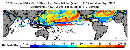 Current Bleaching Heat Stress Outlook Probability - Alert Levels 1 and 2