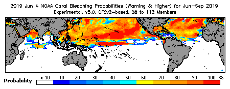 Current Bleaching Heat Stress Outlook Probability - Warning and higher