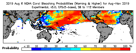 Current Bleaching Heat Stress Outlook Probability - Warning and higher