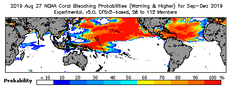 Current Bleaching Heat Stress Outlook Probability - Warning and higher