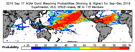 Current Bleaching Heat Stress Outlook Probability - Warning and higher