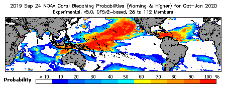 Current Bleaching Heat Stress Outlook Probability - Warning and higher