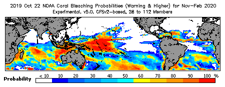 Current Bleaching Heat Stress Outlook Probability - Warning and higher