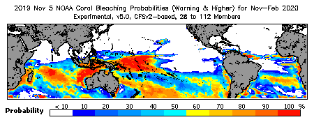 Current Bleaching Heat Stress Outlook Probability - Warning and higher