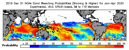 Current Bleaching Heat Stress Outlook Probability - Warning and higher