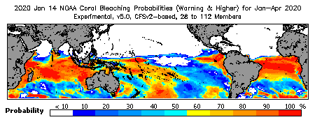 Current Bleaching Heat Stress Outlook Probability - Warning and higher