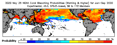 Current Bleaching Heat Stress Outlook Probability - Warning and higher