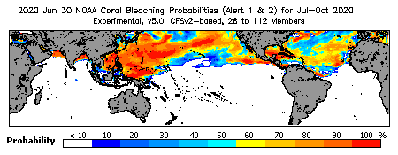 Current Bleaching Heat Stress Outlook Probability - Alert Levels 1 and 2