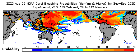 Current Bleaching Heat Stress Outlook Probability - Warning and higher