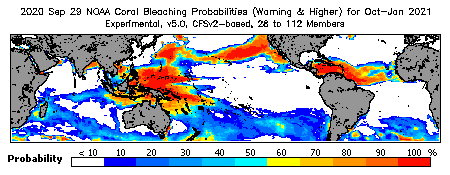 Current Bleaching Heat Stress Outlook Probability - Warning and higher