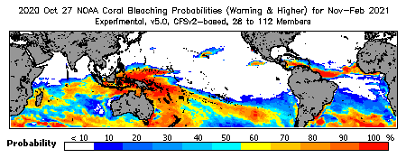 Current Bleaching Heat Stress Outlook Probability - Warning and higher