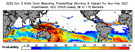 Current Bleaching Heat Stress Outlook Probability - Warning and higher