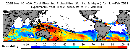 Current Bleaching Heat Stress Outlook Probability - Warning and higher