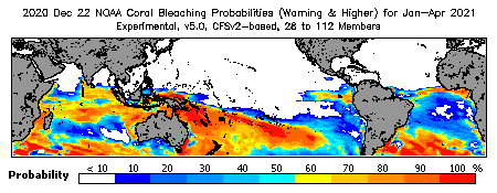 Current Bleaching Heat Stress Outlook Probability - Warning and higher