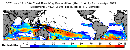 Current Bleaching Heat Stress Outlook Probability - Alert Levels 1 and 2