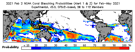 Current Bleaching Heat Stress Outlook Probability - Alert Levels 1 and 2