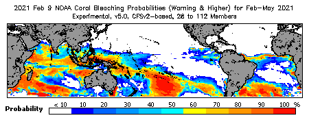 Current Bleaching Heat Stress Outlook Probability - Warning and higher