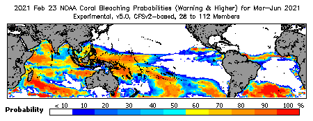 Current Bleaching Heat Stress Outlook Probability - Warning and higher